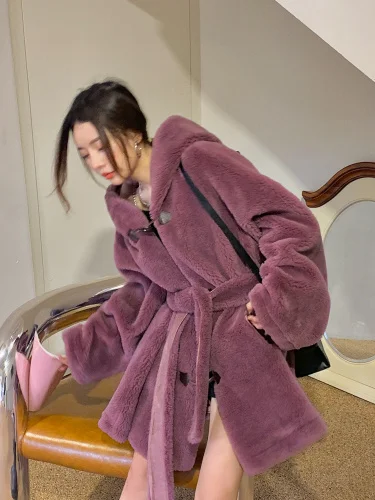 

2022 Hooded Sheep Shearing Jacket Women Autumn Winter Korean Fashion 100% Real Wool Coat Female Jaqueta Feminina Gxy1255
