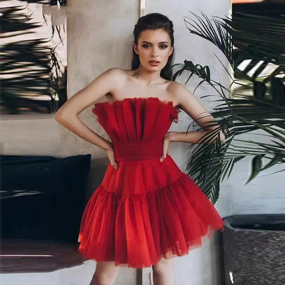 

Off the Shoulder Tulle Prom Dresses Simple Pleat Cocktail Evening Gowns Sweet Party Dress Vestido Mujer Coctel