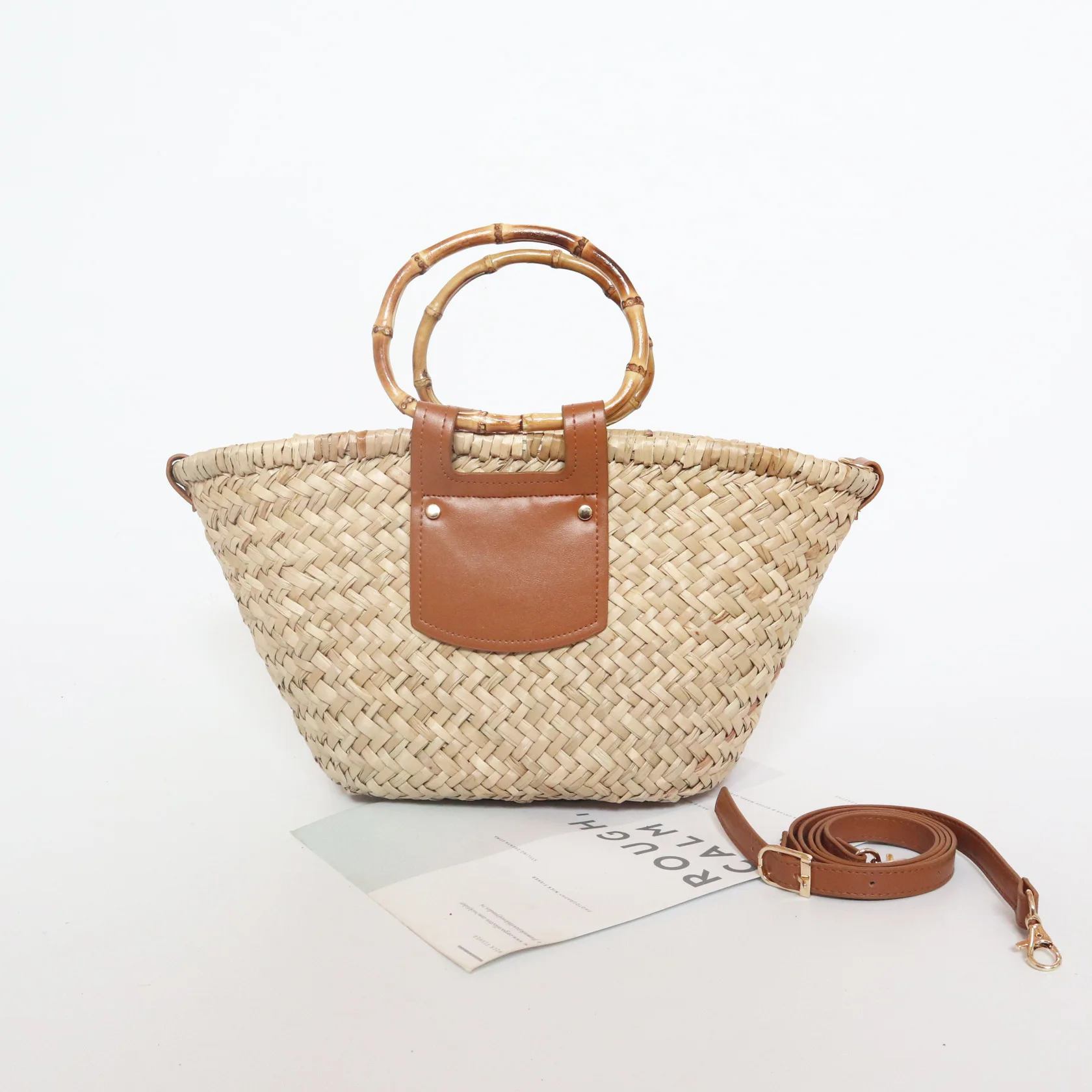 

Плетеная Сумка-корзина для женщин, большая соломенная сумочка ручной работы из ротанга с бамбуковыми ручками, мешок для покупок из травы, пляжный мешок на ремне