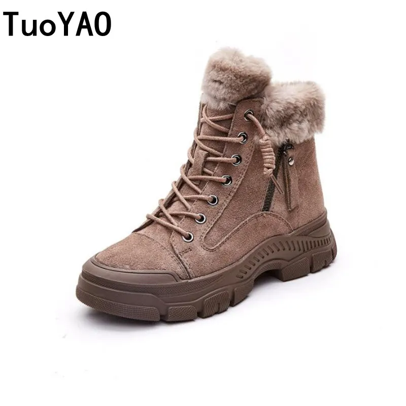 

Women Ankle Genuine Leather Booties 4CM Platform Flats Botas Zip Mujer Fur Plush Warm Women Winter Brown Shoes Black Snow Boots