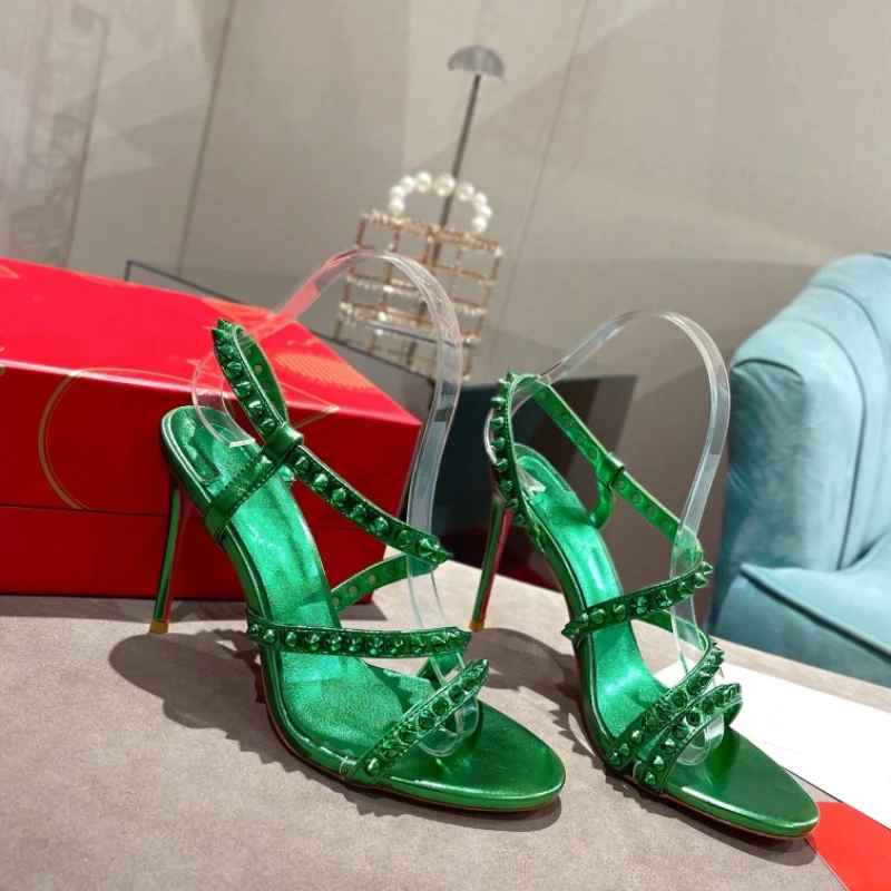 Summer New Color-blocking Rivets Word Buckle Hollow Stiletto Sandals Europe and The United States Roman High-heeled Sandals