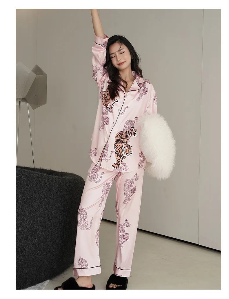 New women's pajamas ice silk thin tiger print loose long-sleeved women's  pajamas for women  سكسي نيك  pajama set