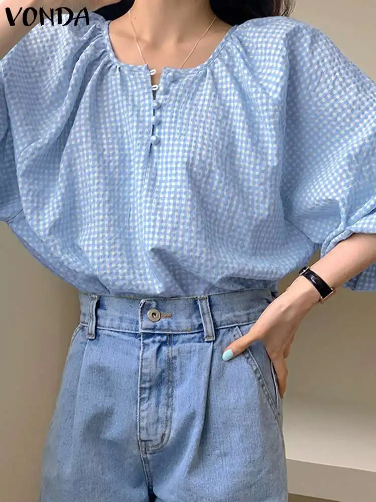 

VONDA Fashion Blouses Women Plaid Tops Buttons Casual Shirts 2023 Summer Tunic 3/4 Sleeve O-Neck Loose Bohemian Vintage Blusas