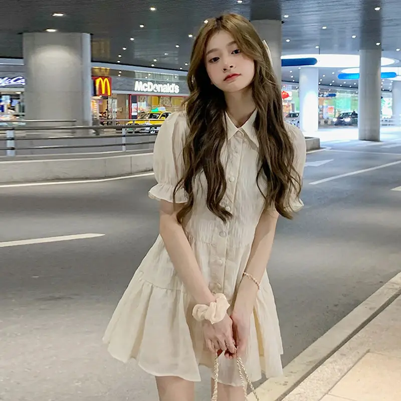 

Women's Mini Sexy Dresses Summer Beachsolid Color Shirring Pleated Elegant Short Puffy Sleeve Dress Korea Female Vestidos