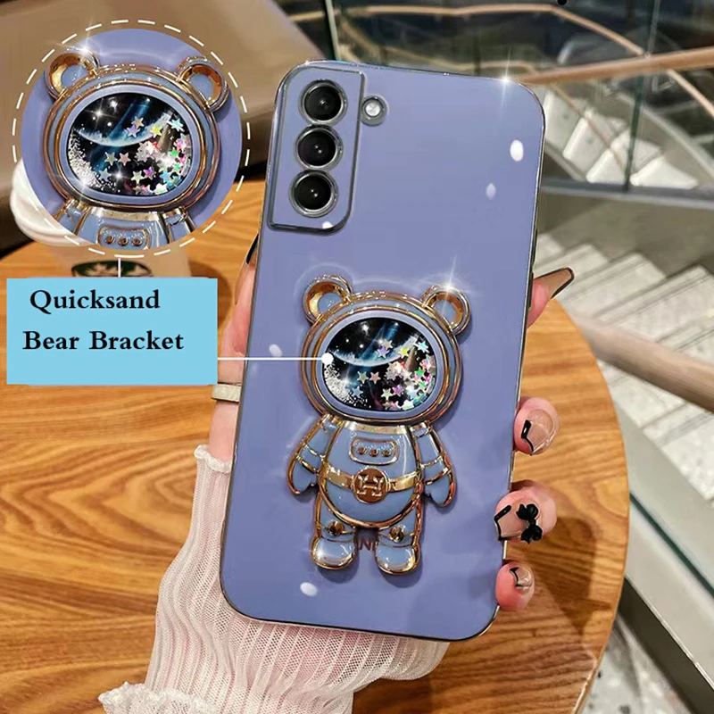 

Quicksand Space Bear Astronaut Stand Phone Case For Realme C21 C30S C33 C31 C35 C30 C20 C21Y C25Y C15 C12 C17 C11 C2 Soft Cover