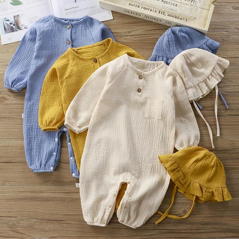 Baby Crawling Suit Four Seasons Baby One-Piece Long Style Ha Clothes Breathable Good Double-Layer Gauze Children's Pajamas