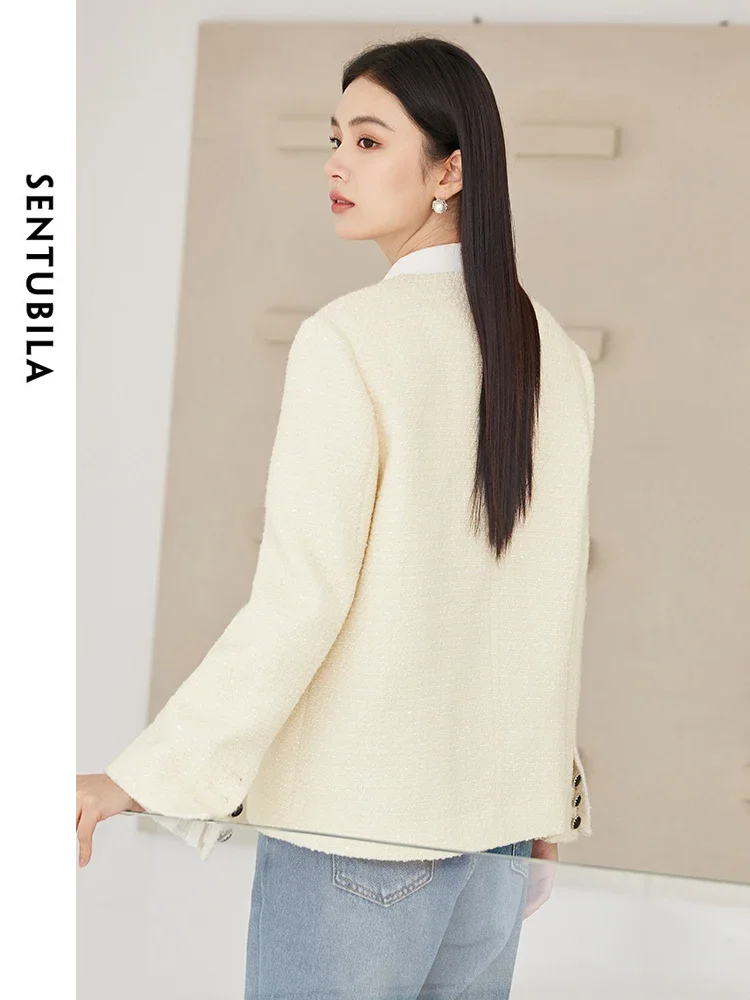 SENTUBILA укороченный твидовый пиджак с круглым вырезом двубортное свободное