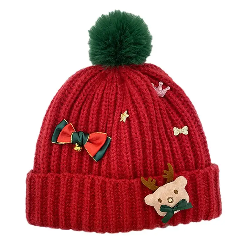 

Fall Hats For Women 2023 Santa Hat Cute Pom Poms Animal Picture Small Bow 2-Layer Knit Cuffs Skiing Beanies For Winter And Fall