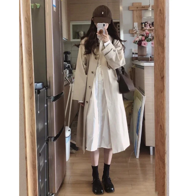 

Fashion Women Trench Coat With Belt Spring Autumn Outerwear Long Sleeve Dresses White Two Piece Set Vestidos Robe Femme Ensemble
