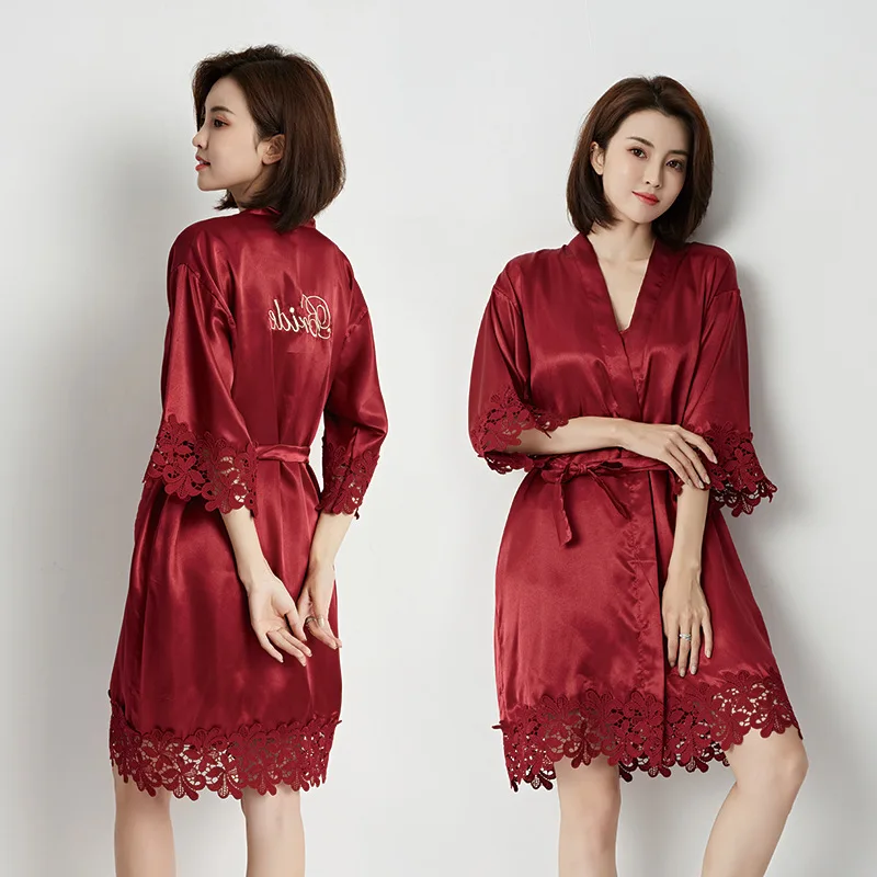 

Bridal Nightgown Morning Gown Women's Lace Nightgown Wedding Bridesmaid Group Wedding Kimono Imitation Silk Cardigan Pajamas
