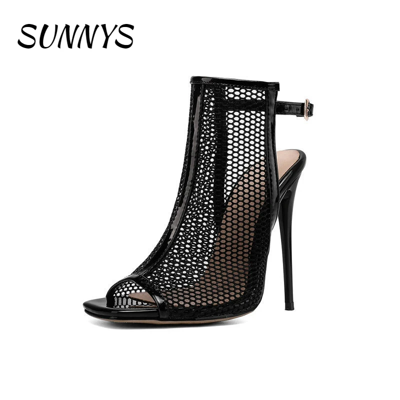

SUNNYS 2022 Fashion Mesh Sandals Boots Women High Heels Pumps Feminine Sexy Peep Toe Ankle Boots Thin Heel Ladies Boots Party