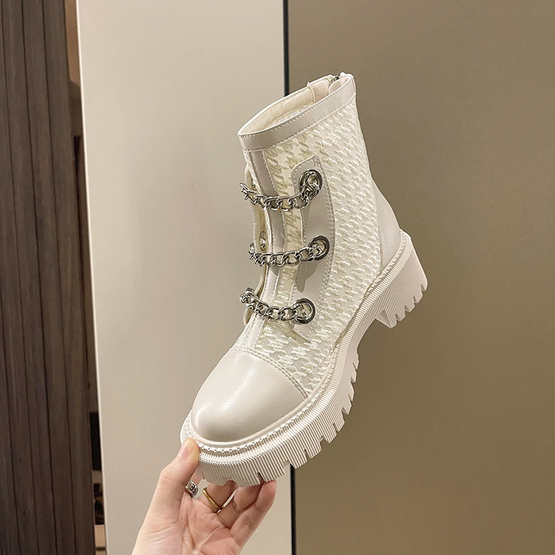 

2022 New Women Boots Fashion Platform Boots Pearl Chain Casual Women Boots Chunky Boots Women Riding Boots