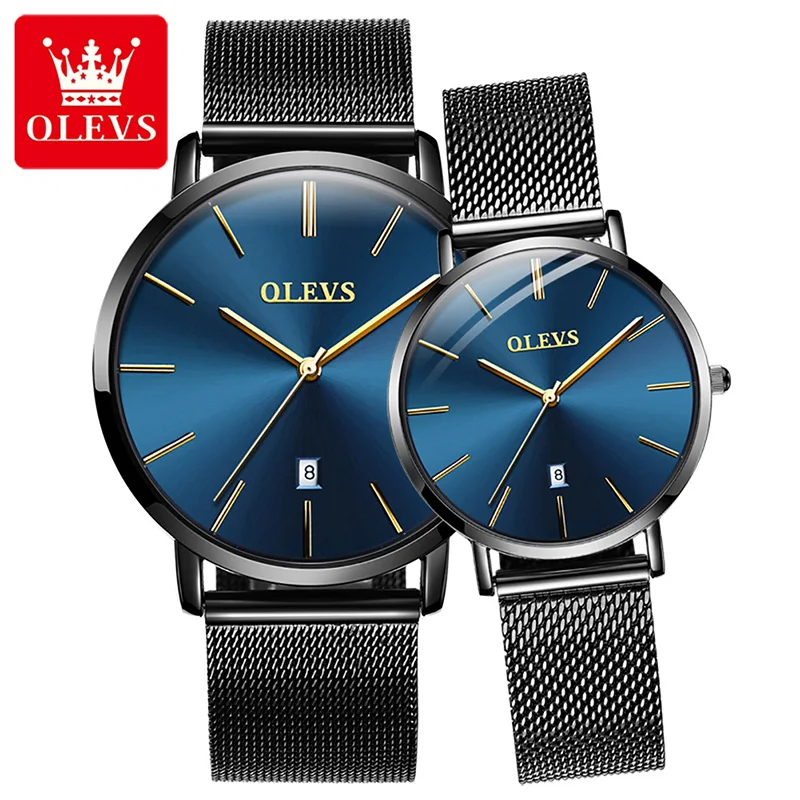 OLEVS New Men's And Women Couple Casual Waterproof Breathable Leather Quartz Watches Alloy Case Stainless Steel Strap Watch 5869
