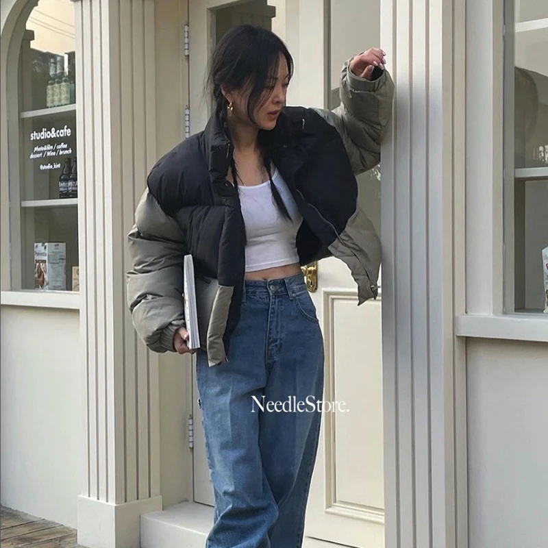 Warm Women's Parkas Cotton Padded Clothes Lapel Zipper Solid Pocket Loose Coat Winter Color Blocking Fashion Female Outerwear