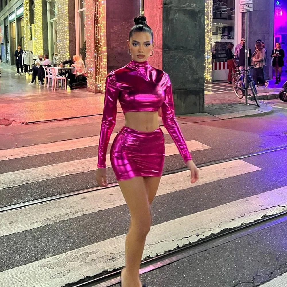 

Faux Leather PU Women's Dress Set Long Sleeve Turtleneck Top and Mini Skirts Suit Moto Biker Matching Two 2 Piece Set Outfits