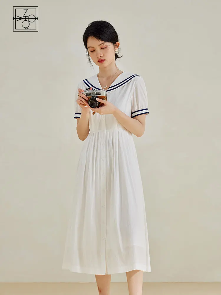 ZIQIAO College Style Age-reducing Navy Wind Dress for Female Summer Niche Sailor Collar Waist A-line Single-breasted Dress Women
