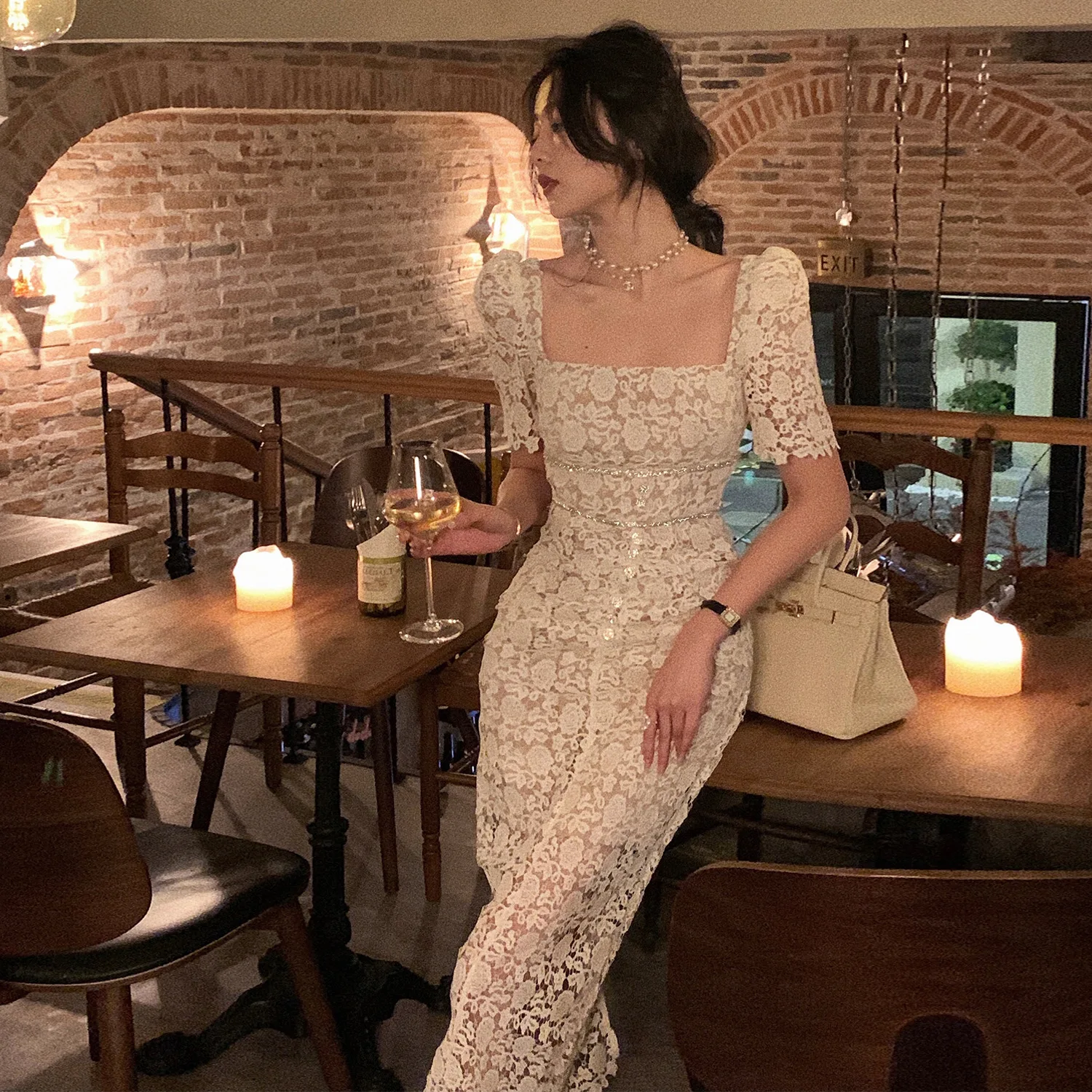 

Spring/Summer French Diamond Square Neck Lace Small Party Womens Dress Elegant Slim Feminine Style Evening Dresses for Women