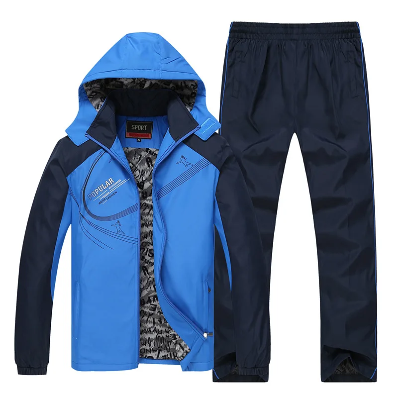 Men's Sports Suits Autumn Winter Large Size Loose Outdoor Running Sportswear Windproof Fleece Warm Jacket+Pants Two-Piece Sets