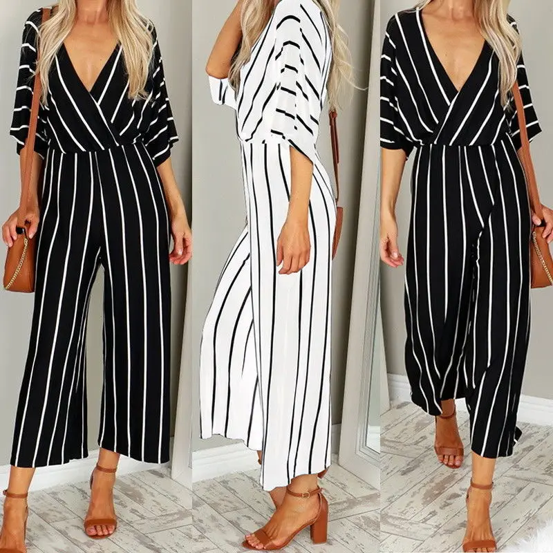 

2023 Women's new wide leg striped jumpsuit