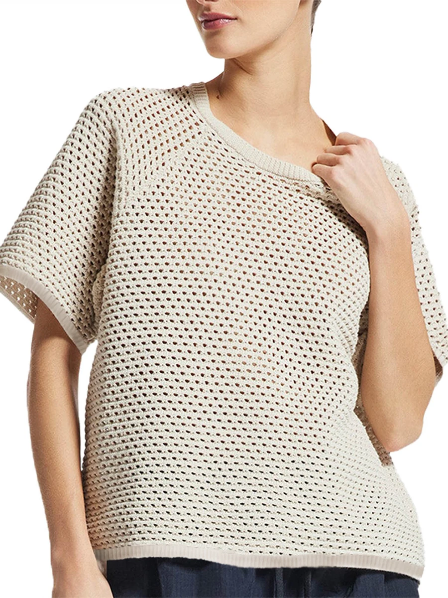 

Women s Summer Knit Tops Casual Short Sleeve Round Neck Hollow Out Solid Color Sweater Pullover Tops