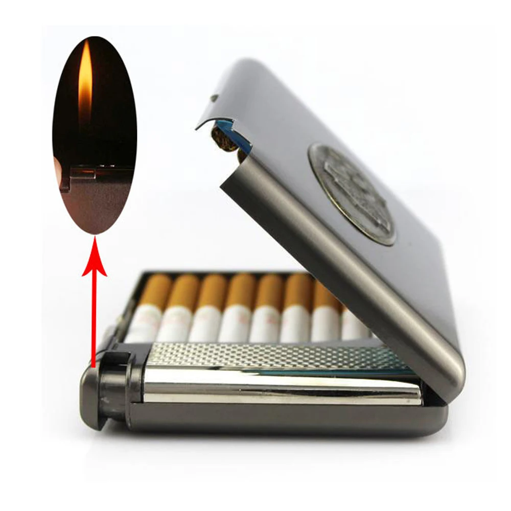 

(20 Cigarette) Men'S Vintage Metal Cigarette Case With Butane Gas Lighter Lnflatable Windproof Smoking Cigarette Box