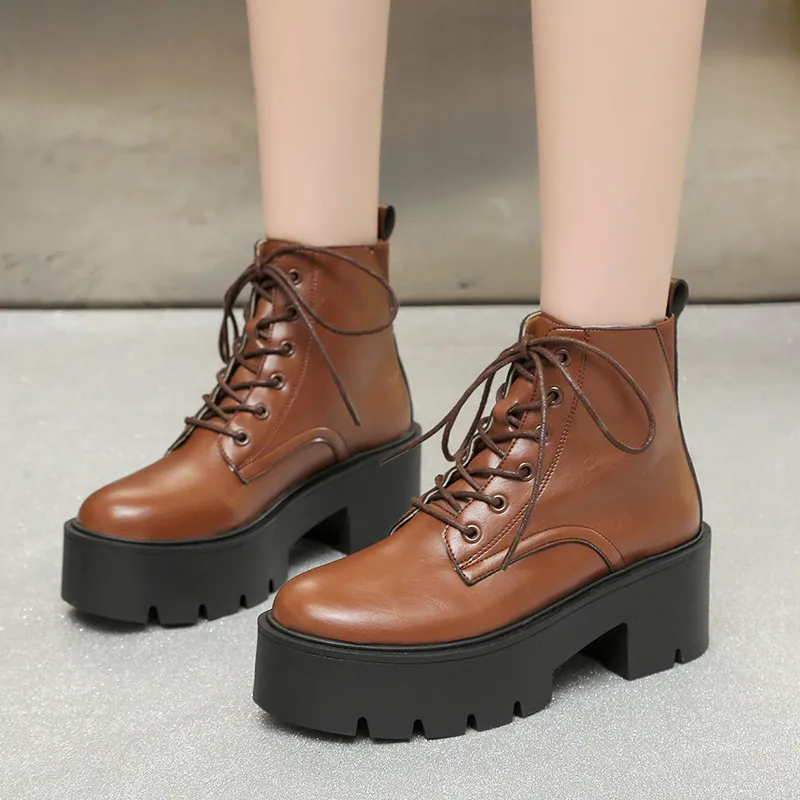 Chunky Platform Ankle Boots for Women 2022 Autumn Winter Thick Bottom Lace Up Shoes Woman Retro Black Pu Leather Short Boots