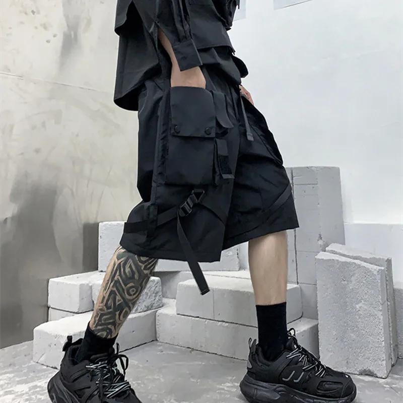 

Goth Harajuku Men With Hop Cargo Shorts Techwear Punk Multi-pockets Hip Shorts 2021 Casual Pants Bermuda Belt Homme Short Ribbon
