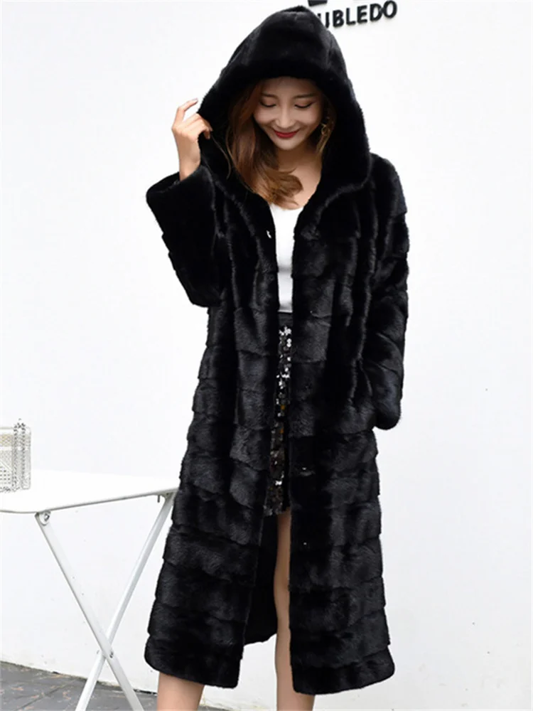 Faux Fur Coat Women Black S-6XL Long Slim 2022 Autumn Winter New Fashion Thick Warmth Hooded Imitation Mink Fur Jackets Feminina