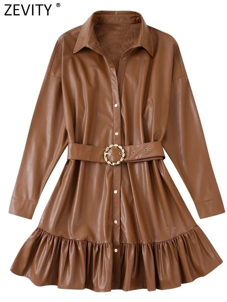 

Zevity New Women Fashion Single Breasted Hem Pleat Ruffles PU Leather Mini Shirt Dress Office Lady Buckle Sashes Vestidos DS2578