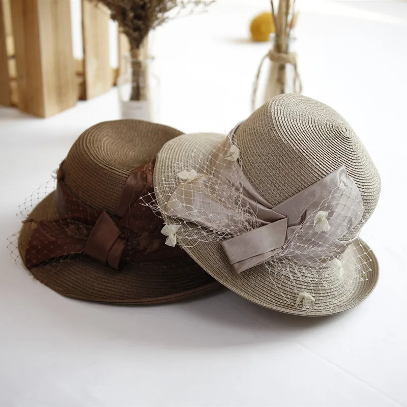 

2022The new spring and summer Novel Taiwan PP straw hat white gauze ms edge bowknot ordinary Yang mo elegant hathigh quality and