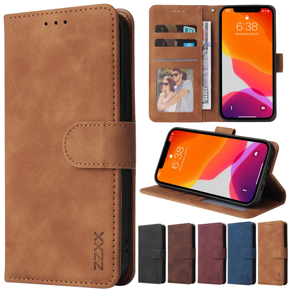 

ZZXX Leather Wallet Phone Case For iPhone 13 12 Pro Max 11 Pro XS Max XR X SE2020 8/7//6/6S Plus Flip Card Slot Phone Case Cover