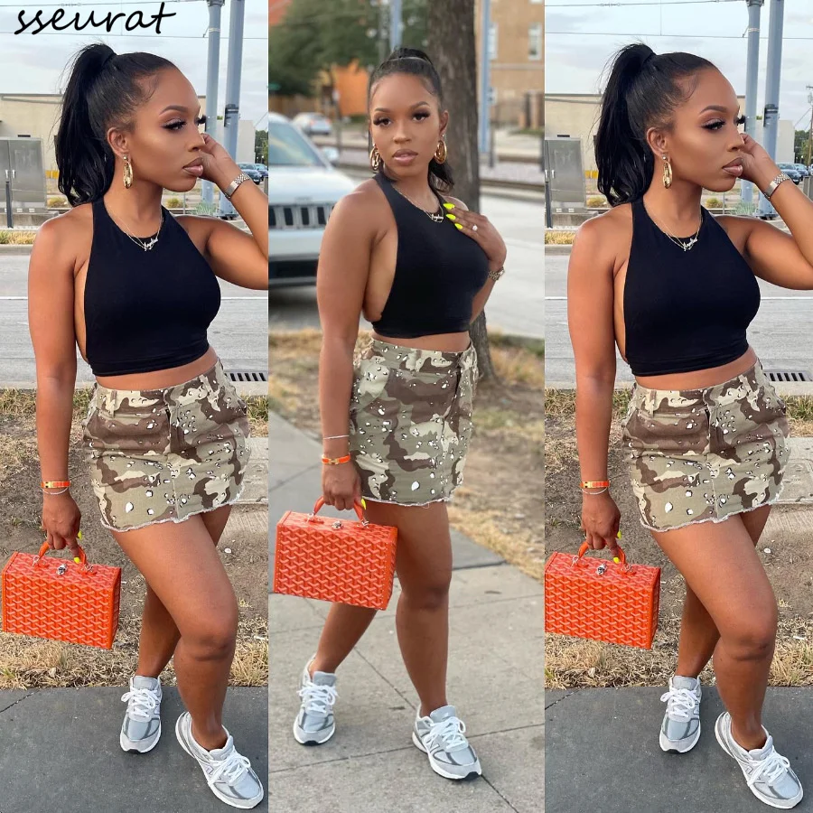 

Женская камуфляжная мини-юбка на молнии, с кисточками и карманами, цвета хаки