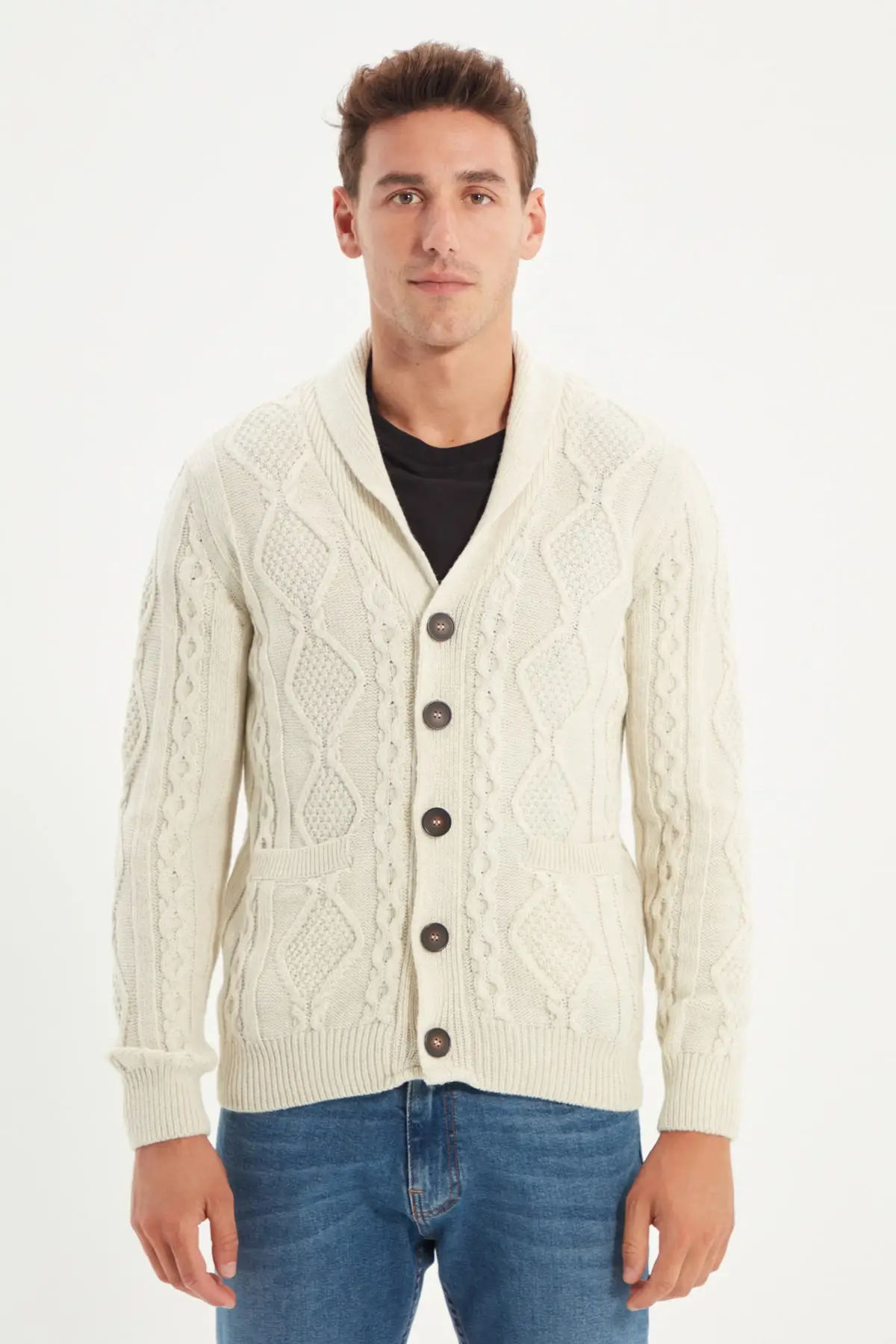 

Trendyol Male Slim Fit Shawl Collar Hair Weave Knitwear Cardigan TMNAW22HI0130