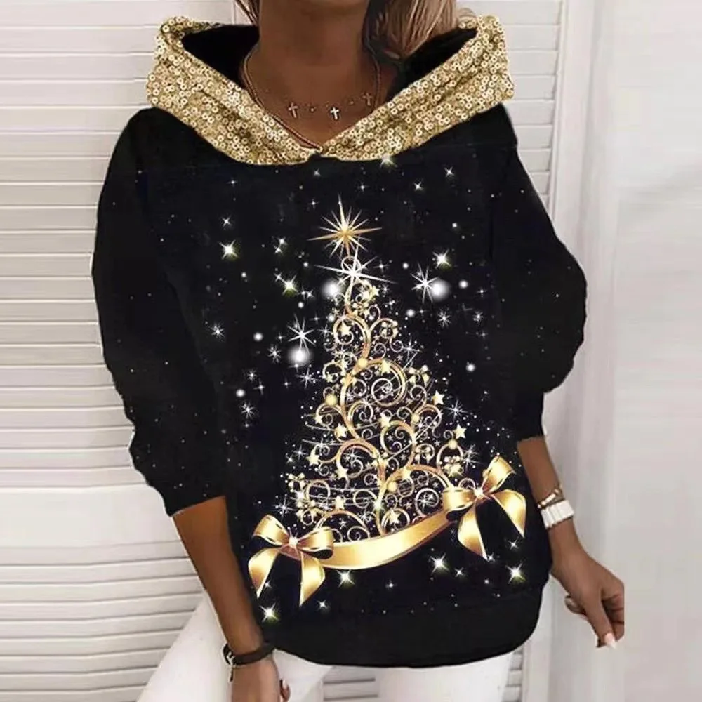 

Christmas Tree Butterfly Print Sweatshirt Women Spring Elegant Hoodie Office Tops Autumn Long Sleeve Pullover Hoodies Mujer