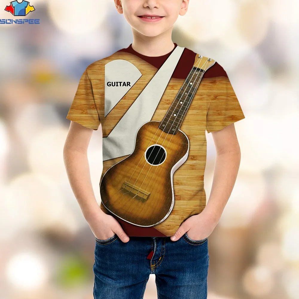 

SONSPEE 3D print fashion short Sleeve Fitness children T-shirt polyester Guitar Black Guard mens brand Harajuku fashion male top