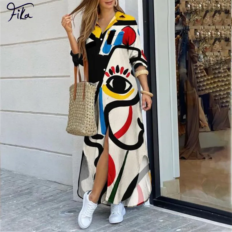 

Модное женское платье-рубашка с принтом граффити Длинные рукава 2022 Длинные платья Laides свободный вечерние рафан с отложным воротником вечер...