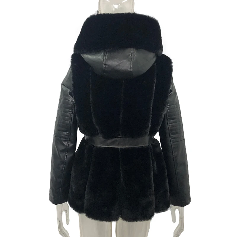 Warm Rabbit Faux Fur Coats Women Fashion Slim Hooded Jackets Winter Women Elegant Tie Belt Leather Fur Coats Parkas Female