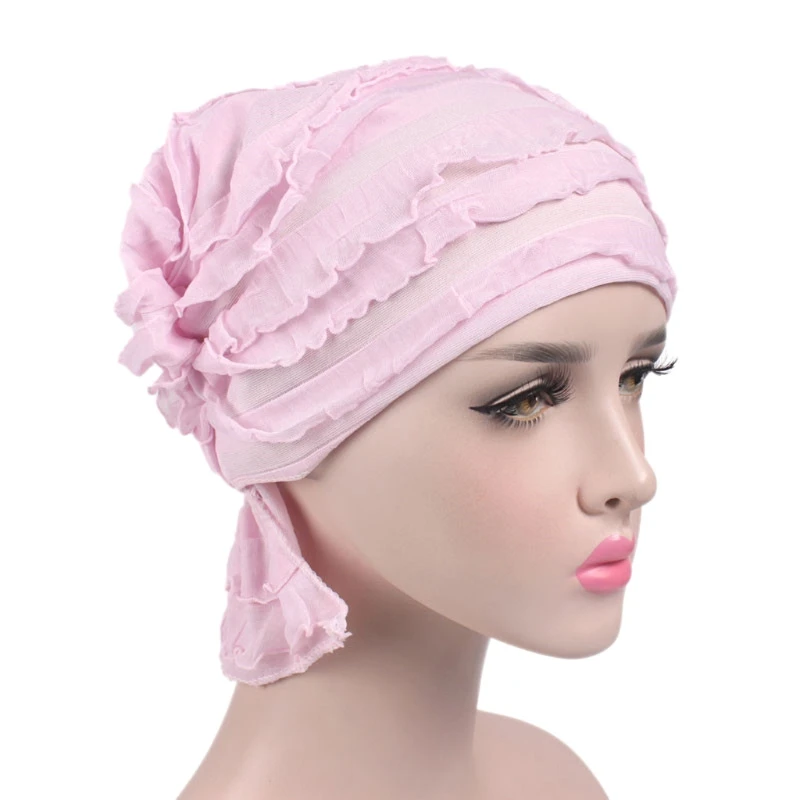 Women Turban Ruffle Cap Vintage Beanie Headscarf Elastic Pleated Ruched Headwrap