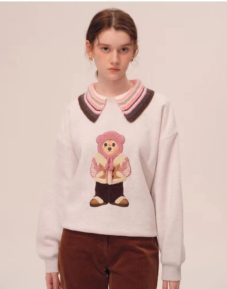 

Толстовка с вышивкой медведя для девочек, милые топы, Свободные повседневные студенческие толстовки, стежок, гот, одежда Y2 белого цвета