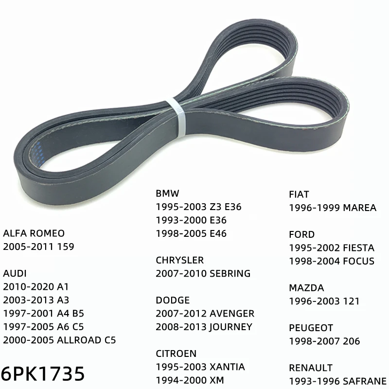 

6PK1735 Engine Air Conditioner Belt V-Ribbed Belts Drive For ALFA ROMEO AUDI BMW CHRYSLER DODGE CITROEN FIAT FORD MAZDA PEUGEOT