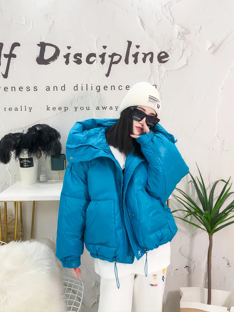 Top Quality Fashion Winter Jacket Women Candy Color Casual All-Match Multi-Pocket Bread Coat For Women Shiny Big Hooded Parkas