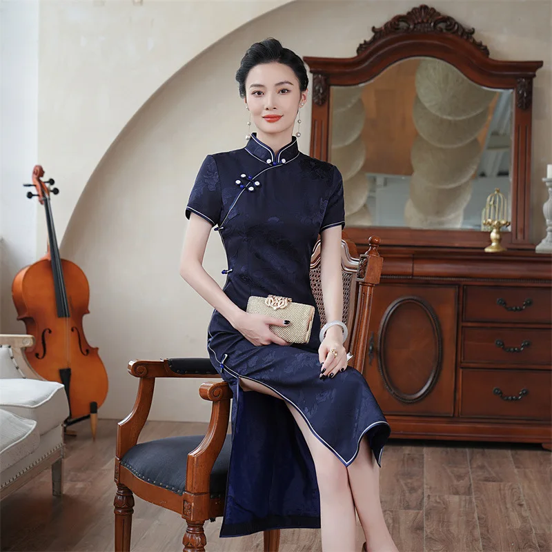 Высокое качество элитное платье Cheongsam Qipao из натурального шелка летнее женское 2024