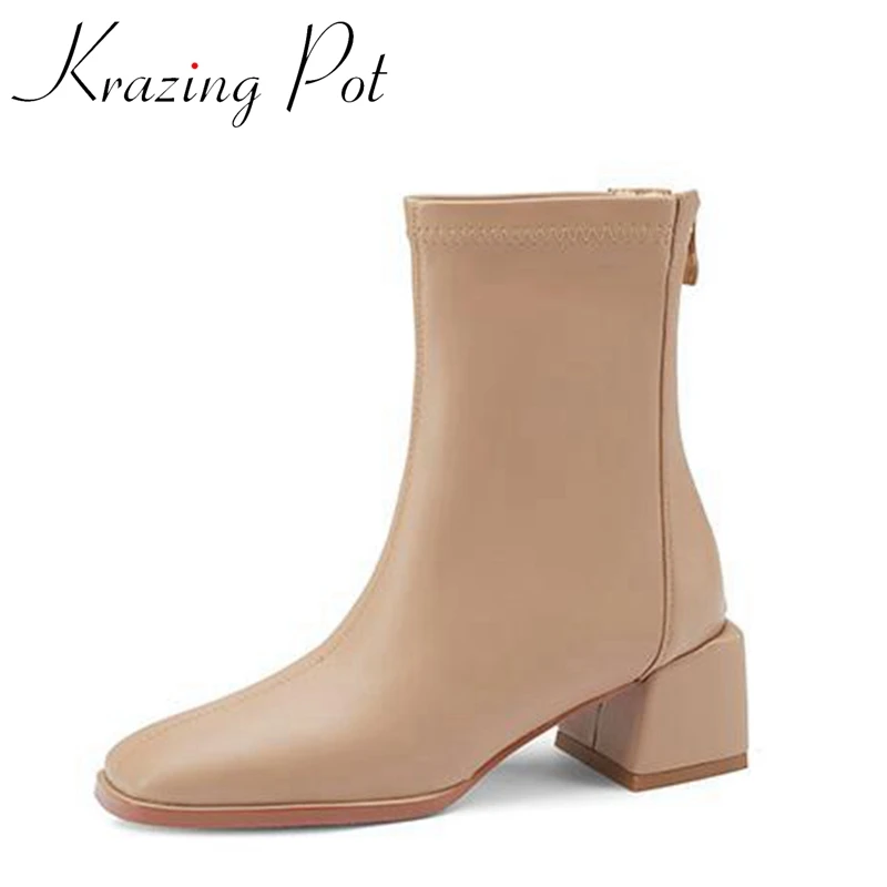 

Krazing Pot Cow Leather Square Toe Med Heels Chelsea Boots Maiden Large Size 43 Zipper England Style Joker Fashion Ankle Boots