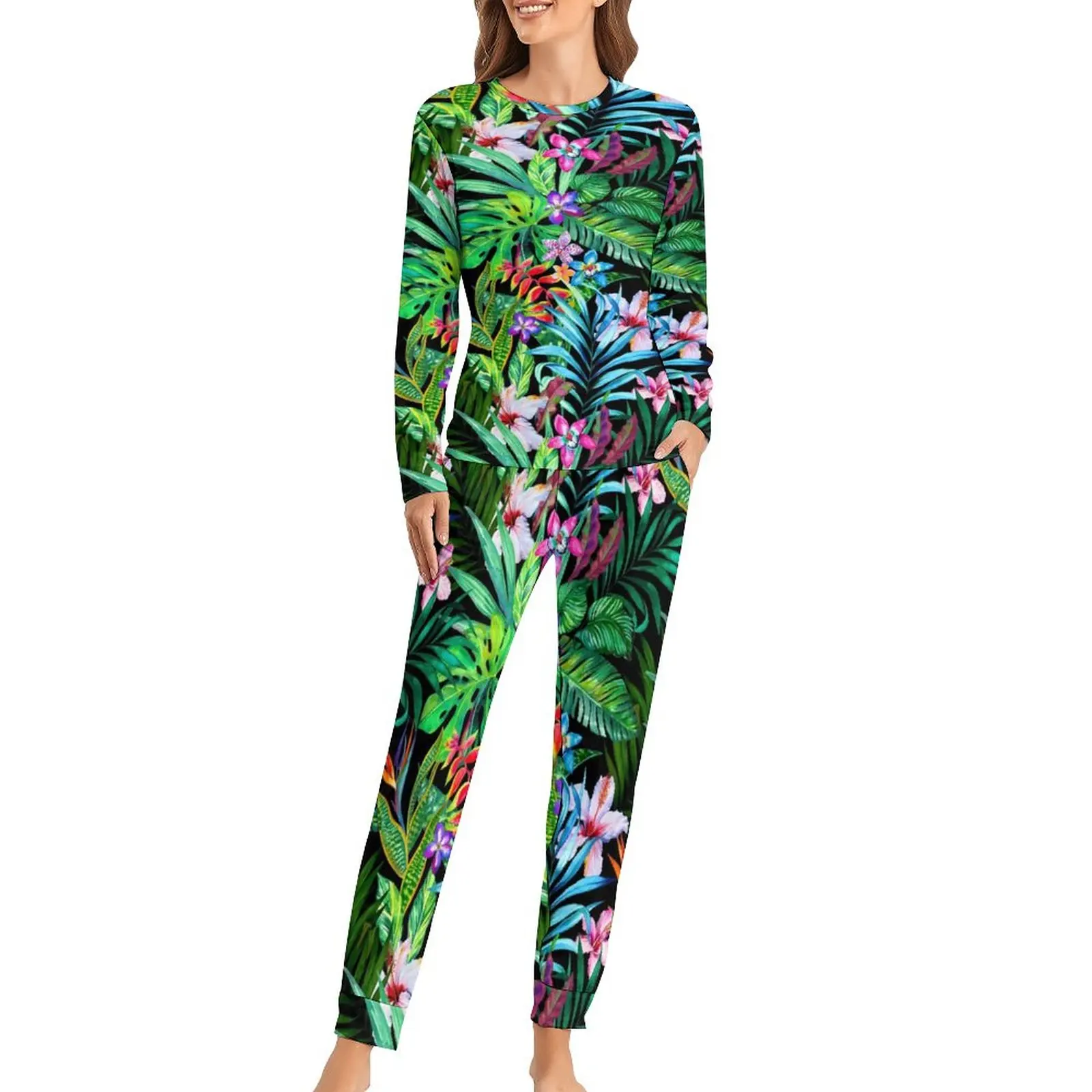 

Floral Leaves Pajamas Tropical Fes Fun Jungle Print Trendy Pajamas Set 2 Piece Bedroom Oversized Sleepwear Graphic Home Suit