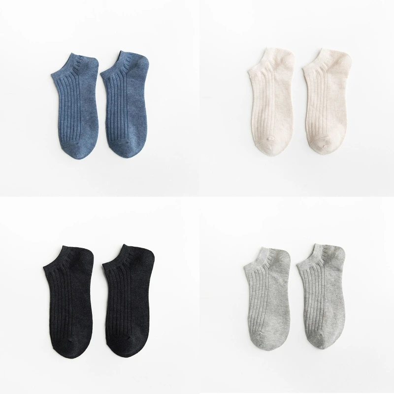 

C6UD 5 Pairs Men Ribbed Cotton Low Cut Boat Socks Solid Color Striped Ankle Hosiery