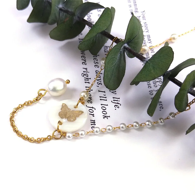 

Fashion Butterfly Shell Pendant Necklace Stainless Steel Pearl Tassel Chain Necklace Jewelry collar acero inoxidable mujer EBK06