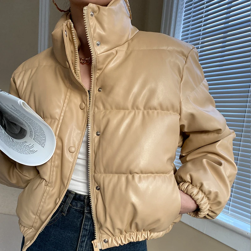 Модная простая Женская куртка-пуховик из искусственной кожи новинка зимы