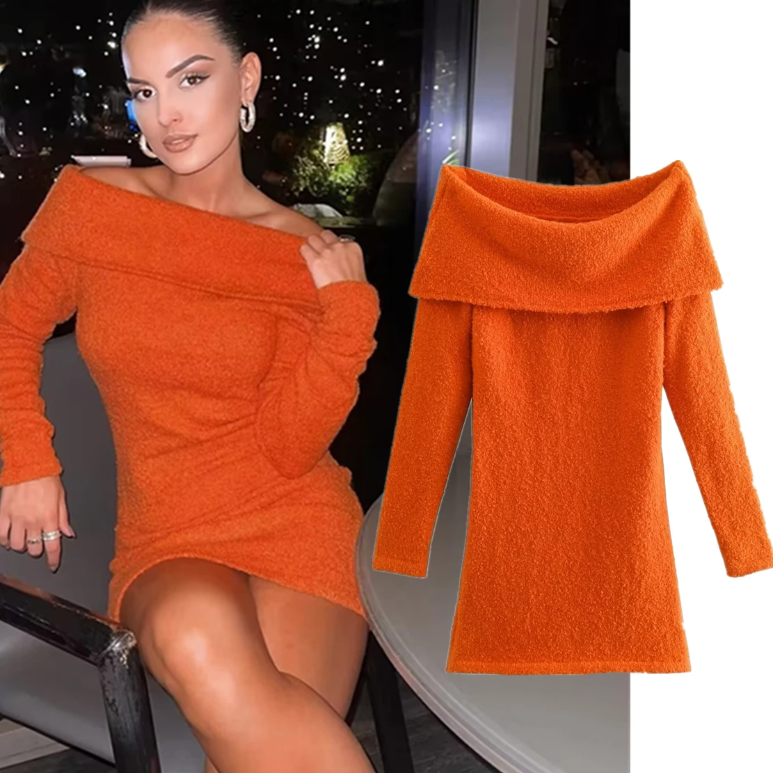 

Maxdutti Ins Fashion Dress Blogger Orange Color Off-Shoulder Knitted Dress With Large Lapels