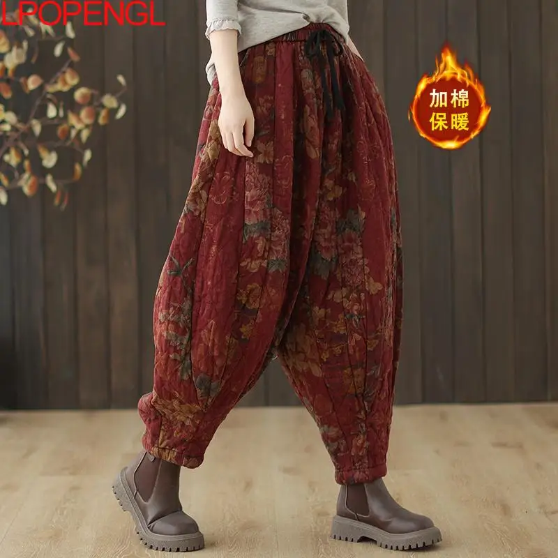 Хлопковые льняные брюки в этническом стиле с принтом ретро женские осенние и