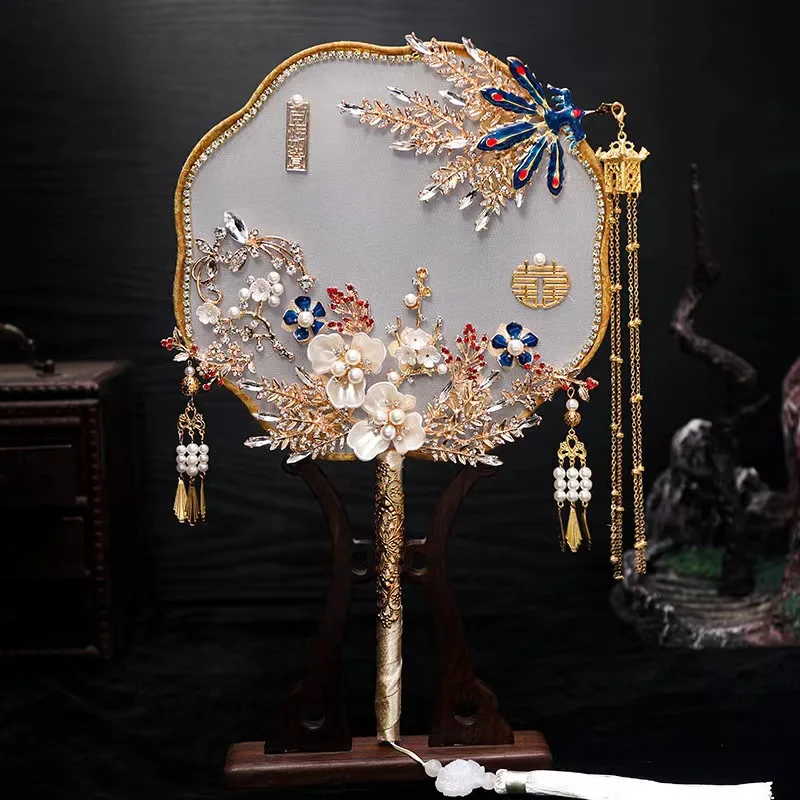 

Exquisite Blue Phoenix Flower Lighthouse Fringe Fan Chinese Bridal Dress Fan